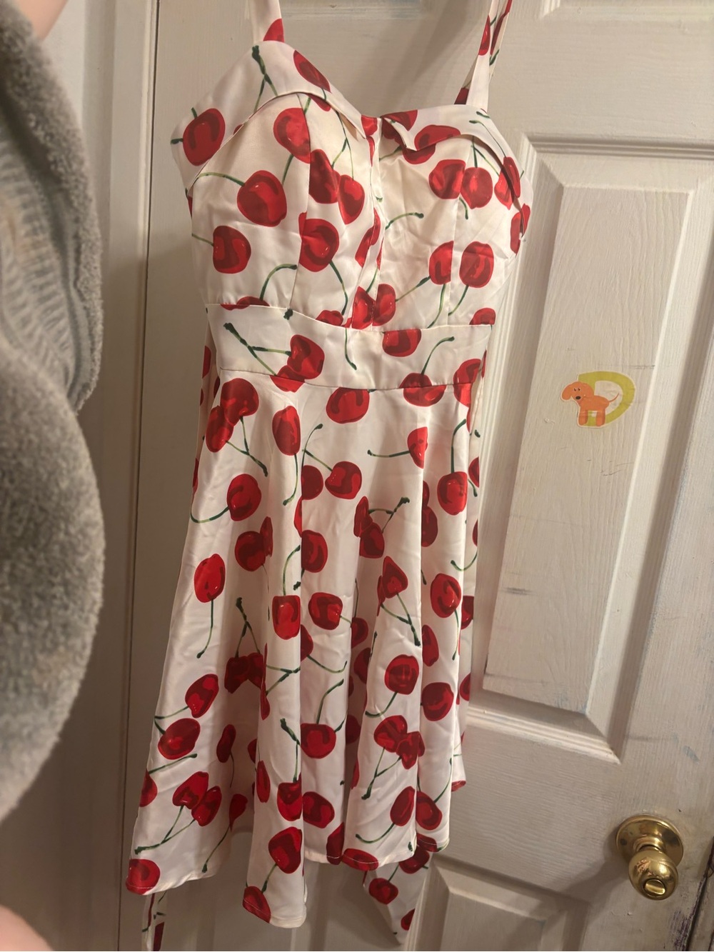 Cherry-Print White Mini Dress with Sweetheart Neckline
